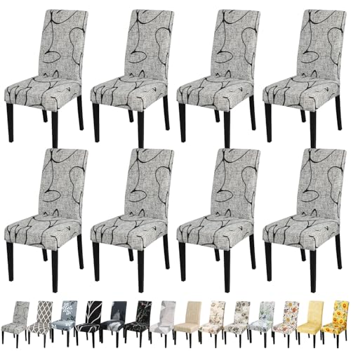 JQinHome Pattern Chair Covers for Dining Room Set of 8, High Stretch Removable Washable Parsons Chair Slipcover for Home Party Hotel Wedding Ceremony (8PCS, Lotus Gray)