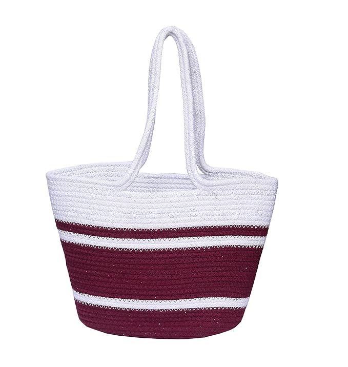 Zeblr Attractive Hand Bag | Basket Bag | Bamboo Tote | Beach Bags for Women|Boho Bag|Handbag |Jute Bag (WHITE MAROON | Size; 29 x 38 x 29 Centimeters)