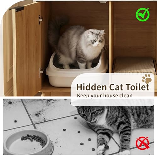 Image of Double Cat Litter Box Enclosure for 2 Cats,Fluted Hidden Litter Box Furniture with Litter Collector & Scratch Pad,47 inch Large Enclosed Cat Cabinet,Cat House,for Living Room,Natural with Marble Top