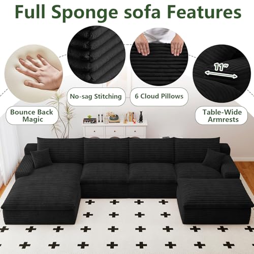 Image of 136 inch Cloud Couch Modular Sectional Sofa for Living Room, U-Shape Boneless Couch with Deep Seat, Modern Corduroy 4-Seater with Ottoman, No Assembly Required (Black,Left-Facing Chaise)