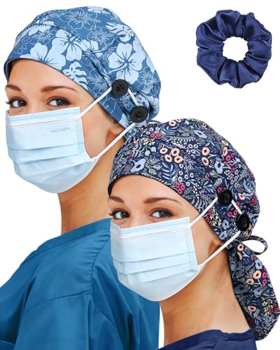 Image of Satin Lined Scrub Cap for Women Extra Large Long Hair Surgical Nurse Cap 4 Buttons