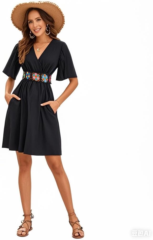 LightlyKiss Women's V-Neck Short Flutter Sleeve Wrap A-Line Dress - Casual Embroidered Belt Beach Holiday Dress - Image 8