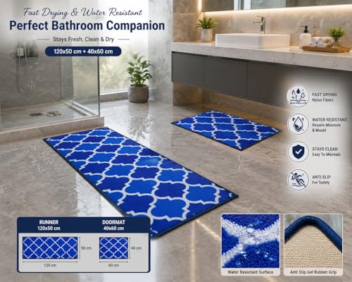 Image of Matz&More Anti Slip Kitchen Runner & Doormat Combo (50x120cm + 40x60cm), Nylon Tufted Floor Mat with Rubber Backing, Carpet for Kitchen, Bathroom, Entrance & Bedside, Trellis Two Toned Blue