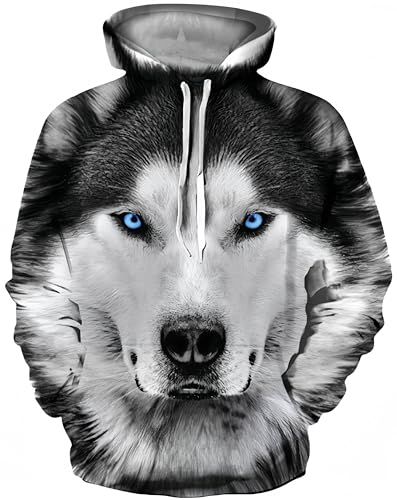 Ocean Plus Herren Mehrfarbig Hoodie Schädel Kapuzenpullover Bunt Wolf Pulli Totenkopf Sweatshirt mit Kapuzen (L/XL (Brustumfang: 114-134CM), Husky)