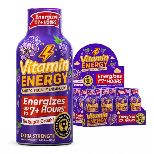 Image of Vitamin Energy Grape Pop Extra Strength Energy Shot, 12 Pack - Up to 7 Hrs, 260mg Natural Caffeine, Zero Sugar - Green Tea Extract, Immune Support, B12 B6 Niacin, 1.93 fl oz, Keto Vegan