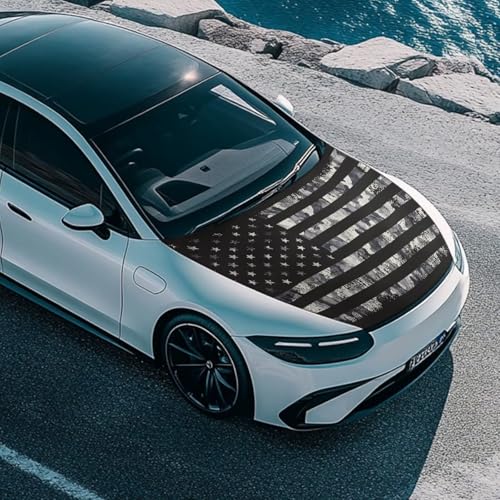 Image of Black American Flag Design Car Hood Cover Protector Waterproof Sunproof Car Hood Flag 4th of July Patriotic Decorations Auto Accessories for SUV Sedans Trucks Pickup