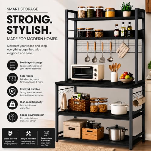 Image of 5-Tier Kitchen Organizer Rack-Multipurpose Microwave Stand for Kitchen Platform & OTG Oven-Steel Utensils Storage Shelf with Hooks - Engineered Wood & Metal Rack for Home- 100x40x170 cm - Black