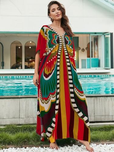 Image of IMAGEKOPE Women's Plus Size Loose Fit Moroccan Print V-Neck Batwing Kaftan Beach Dress Bathing Suit Cover Up