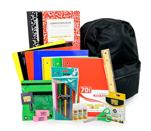 School Supply Boxes | 17" Solid Black Backpack Bundle for Elementary School | Back to School Bookbag with Supplies | Contains Crayons, Colored Pencils, Ruler, Disappearing Glue, Notebooks, & More