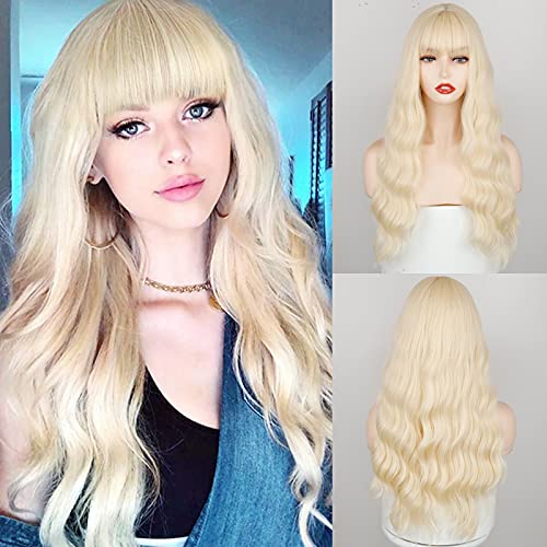 MERISIHAIR Natural Blonde Long Wavy With Bangs Wig, Long Fluffy Blonde Curly Wavy Wigs for Women, Synthetic Realistic Wig for Halloween Party Daily Wear