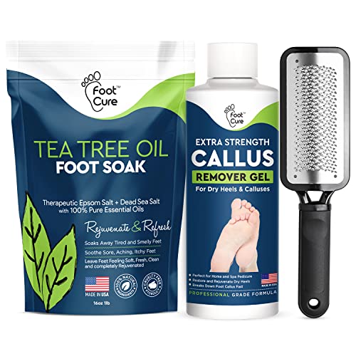 FootCure Tea Tree Oil Foot Soak, Callus Remover Gel & Foot File - Pedicure Foot Spa Kit For Cracked Heels, Athlete's Foot, Odor, Callus Remover & Dry Skin - Foot Care For Dry Cracked Feet, Made in USA