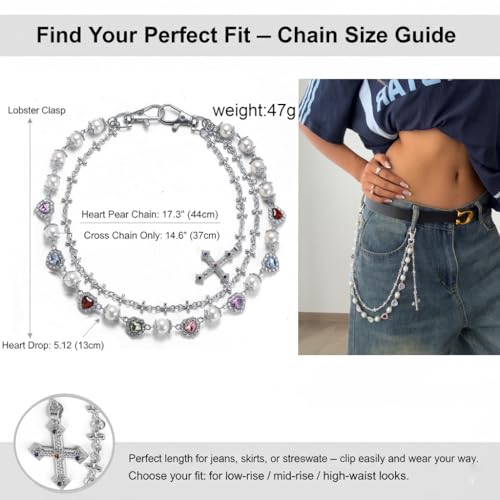 Image of Y2K Pearl Pants Chain Streetwear Jewelry- Unisex Layered Wallet Chain with Heart Cross Pendant, Punk Aesthetic Jeans Keychain Accessory for Men Women