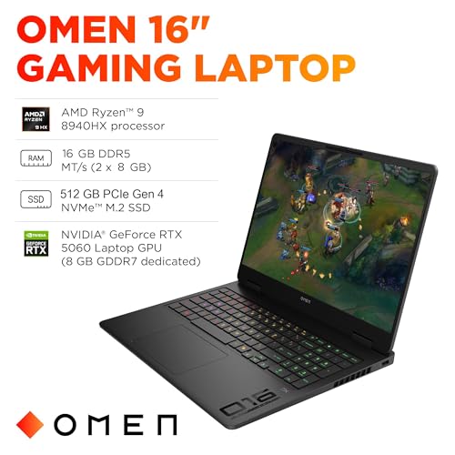 Image of HP OMEN 16 Slim Gaming Laptop (NVIDIA RTX 5060 8GB, AMD Ryzen 9 8940HX (> Intel Ultra 7 255H)), 16GB DDR5 RAM, 512GB SSD, FHD+ 144Hz Display, 4-Zone RGB Backlit KB, IR Webcam, Wi-Fi, IST Dock, Win 11H
