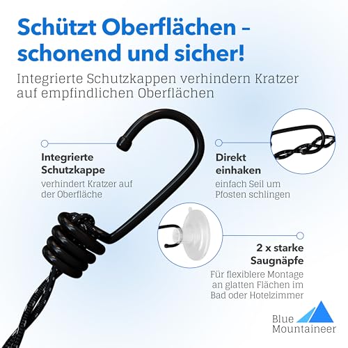 Camping Wäscheleine (3 m, reflektierend) mit Saugnäpfen für Reise, Vanlife, Badewanne, Wohnwagen und Balkon. Reisewäscheleine Schwarz