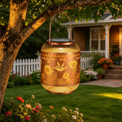 Image of Hummingbird Solar Lantern Outdoor Hanging Solar Garden Light Gifts for Mom Grandma Women,Waterproof Metal Decorative Lantern, Warm White Solar Lights for Patio Yard