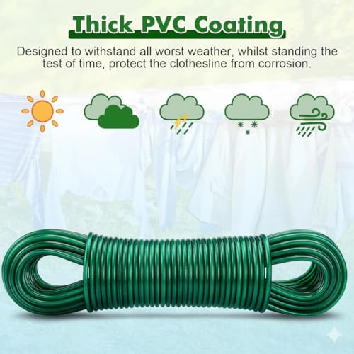 Image of 20 Meters Strong Steel Core Clothes Line with 4 Pcs Plastic Hooks, PVC Coated, Weather & Rust Resistant, Easy to Use, Indoor, Outdoor, Garden, Laundry Rooms & Camping (Multicolor) Pack of (2)