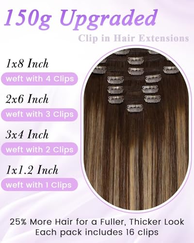 Image of LaaVoo Clip in Hair Extensions Real Human Hair Brown Balayage Human Hair Clip in Extensions Brown Ombre Human Hair Extensions Clip ins Full Head 24 Inch 7pcs /150g
