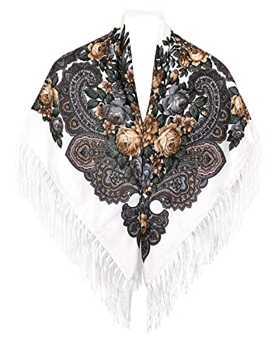 Russischer Stil Schalldämpfer Warmer Schal mit Quaste Damen Traditioneller Schal Wrap Schal Fransen Hals Kopftuch Retro Blumen, Weiss/opulenter Garten, Medium