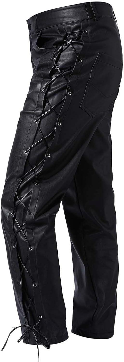 Cambkatl Men's Punk PU Leather Pants Vintage Gothic Steampunk Faux Leather Biker Pants Motocycle Hip Hop Pants
