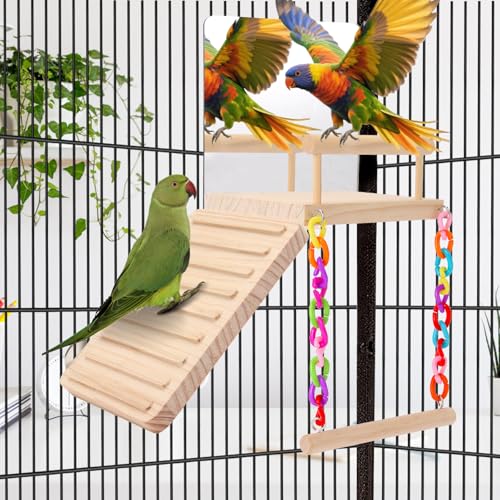 Image of KyoukiBird Perch Platform Bird Toys with Bird Mirror Climbing Ladder Swing, Parakeet Cage Accessories - for Cockatiels, Lovebirds, Budgies,Pacific Parrotlets,Finch,Canaries - Wooden Play Gym