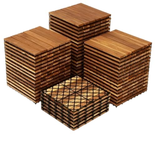 Interlocking Deck Tiles 54pcs Hardwood Interlocking Deck Tiles 12" x 12" -All Weather Flooring Golden Teak