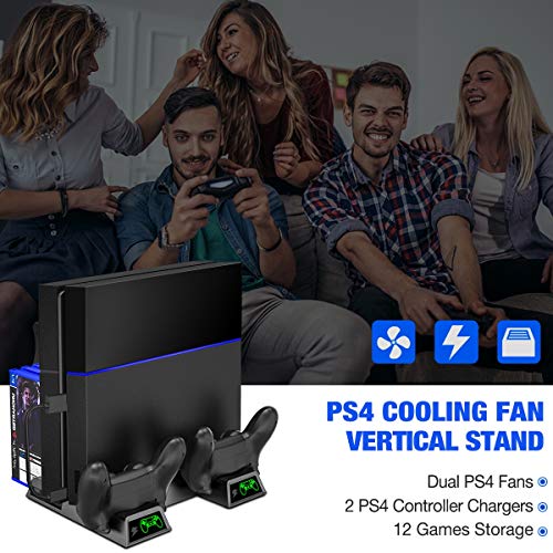 PS4 Cooling Fan Vertical Stand Cooling for PS4 Slim/ PS4 Pro/ Regular PlayStation4, PS4 Controller Charger Station for Dual Charging, PS4 Accesossries with Game Storage for Playstation Consoles
