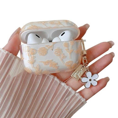 Image of MINSCOSE Compatible with AirPods Pro2 Clear Case,Cute Flower Floral Aesthetic Design with Flowers Keychain, Soft TPU Protective Shockproof Case for Women Girl for Airpods Pro2-Yellow