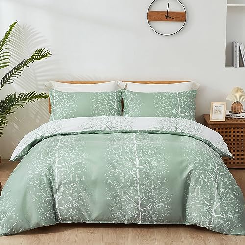 Fondream Green Leaves Duvet Cover Double Botanical Reversible Bedding Set Soft Microfiber Bedding Cover with Pillow Cases (Double,3Pcs)