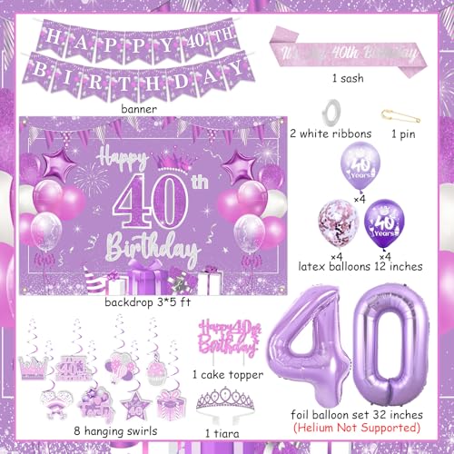 Decoración morada de cumpleaños 40 juego de pancarta globos y remolinos 6
