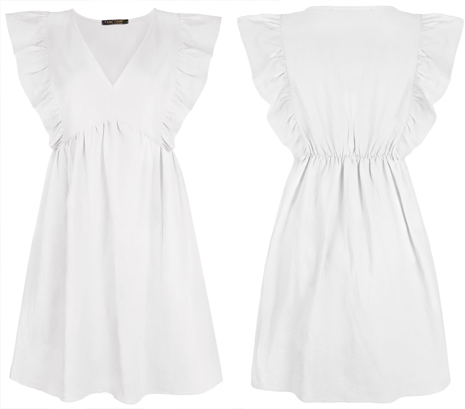 FANCYINN Women's Summer Casual Babydoll Mini Dress Ruffle Sleeveless Deep V Neck Pleated Swing Flowy Tunic Dress - Image 6