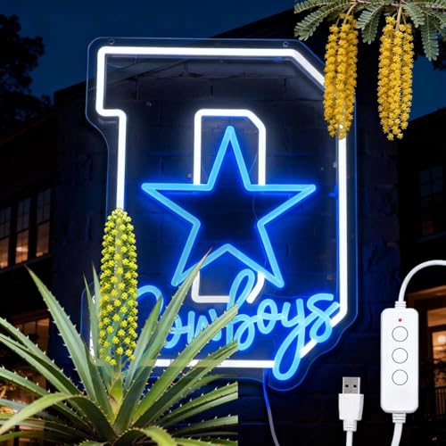 Texas Star Neon Sign Blue and White LED Wall Decor 16.5x12.8 Inch USB Powered Football Accent for Game Room
