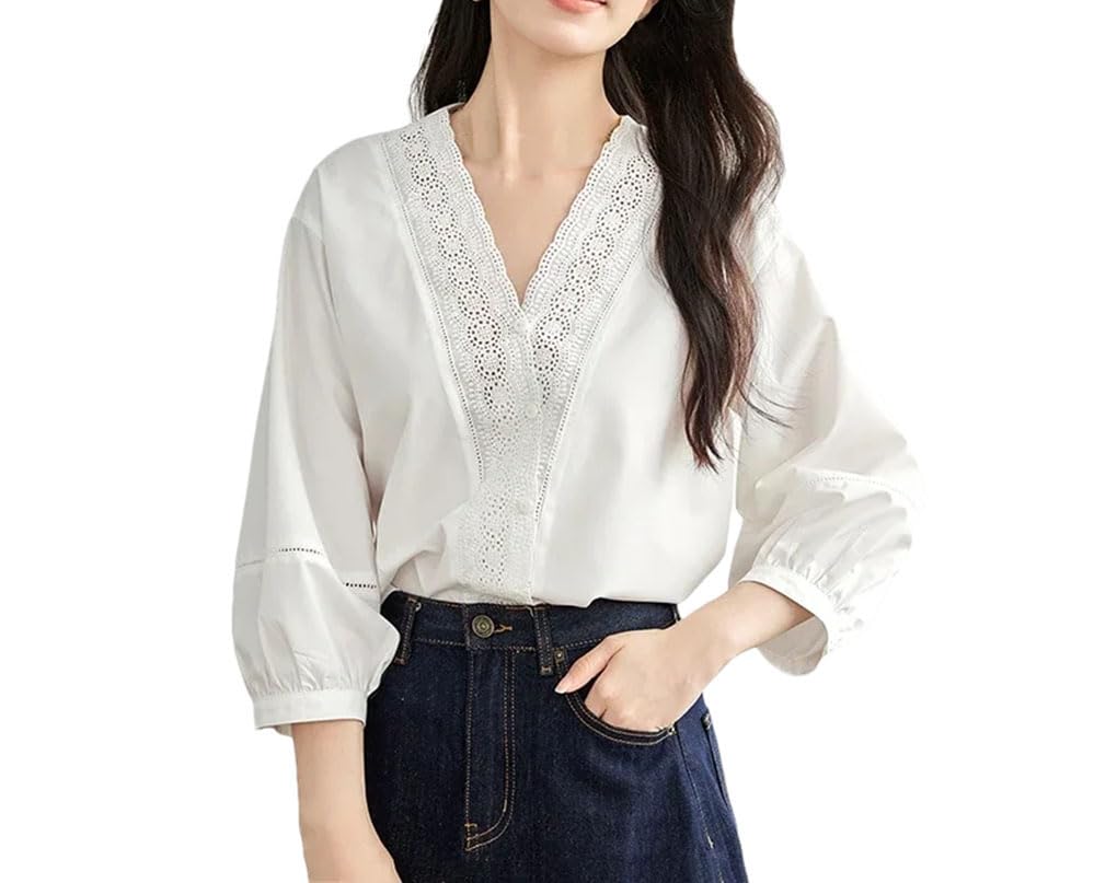 Blusas rectas bordadas de retazos para mujer, cuello en V, manga abombada de tres cuartos
