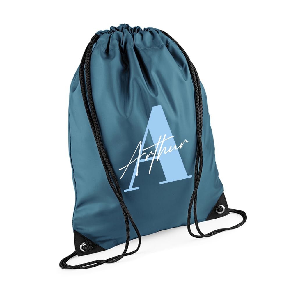Getagift Personalised Initial with Name, Alphabet theme, Marble design, Drawstring Bag, PE Gym Kit Swimming, Sport Rucksack. (Airforce Blue)