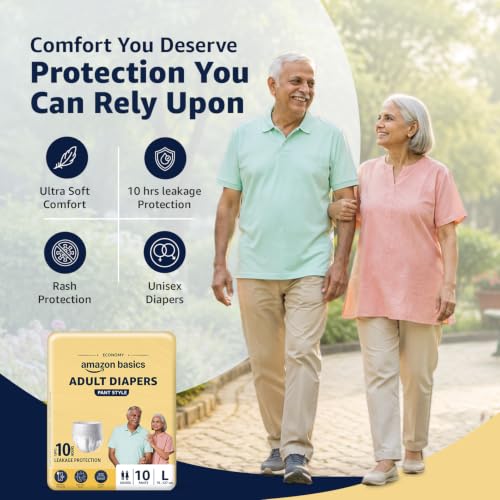 Image of Amazon Basics Economy Adult Diapers Pant Style for Men & Women | Large Size | 60 Count (10 x Pack of 6) | Up to 8 Hours Absorbency | Wetness Indicator | Soft & Comfortable | Disposable | White