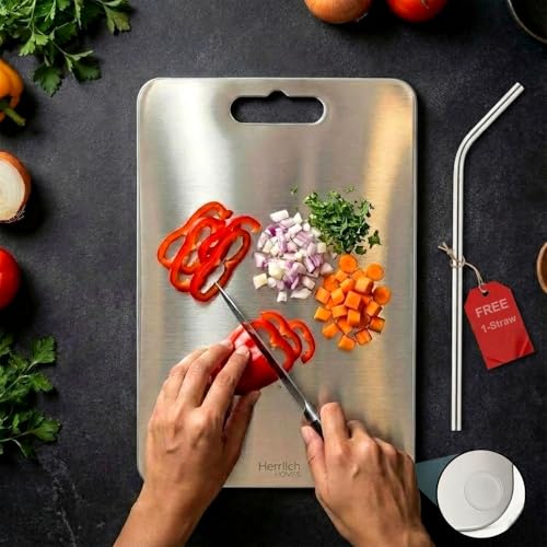 Image of Herrlich Homes Rectangle Stainless Steel Chopping Board | with Steel Straw & Anti-Skid Silicon Pad | for Cutting Vegetables, Meat, Fish, Fruits | Chopping Board for Kitchen | M | 31 x 21 cm