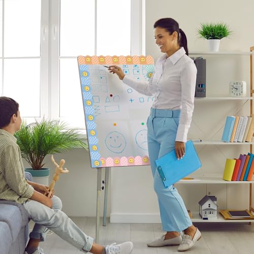 Image of Fuutreo 6 Roll 197 ft Pastel Smile Face Bulletin Board Borders Checkerboard Scalloped Wavy Classroom Border Trim Decoration for Back to School Chalkboard Door Wall Decor