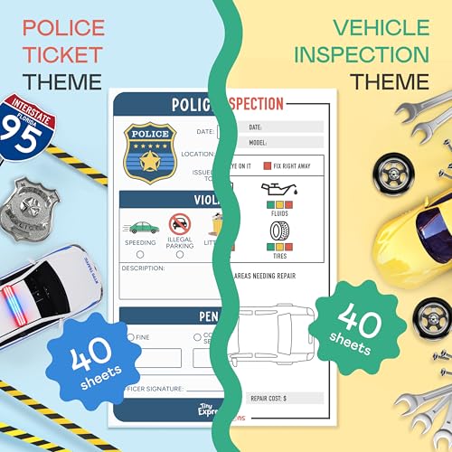 Image of Tiny Expressions Pretend Play Notepads - 2-Pack Kids - 40 Pages Police Ticket & 40 Pages Vehicle Inspection Pads - Police Officer & Mechanic Imaginative Role Play