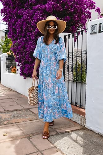Image of miduo Womens Loose Fit Casual Summer V Neck Half Sleeve Bohemian Geometric Pattern Maxi Long Dresses