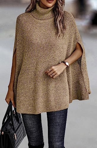 KIRUNDO Women's 2026 Fall Winter Turtleneck Poncho Sweater Fashion Chunky Knit Cape Wrap Sweaters Pullover Jumper Tops(Yellow Camel, Small) — view 6