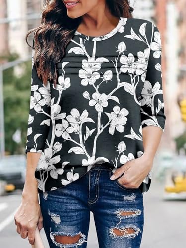 KISSMODA Women's Casual 3/4 Sleeve T-Shirts Round Neck Cute Tunic Tops Basic/Pleated Summer Tops Trendy Spring Blouses