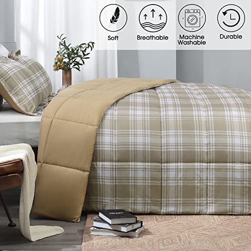 Basic Beyond Queen Comforter Set - Khaki Buffalo Plaid Comforter Set Queen Down Alternative Bed Comforter Queen Set For All Season(1 Comforter With 2 Pillow Shams, 88" X 92") #TOP1
