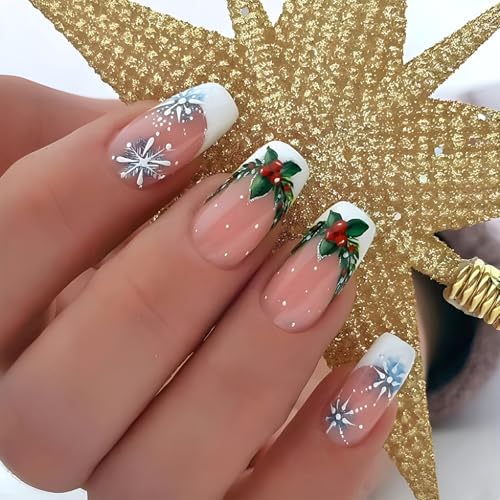 Boloshine Navidad Uñas Postizas, 24 Piezas Francesas Acebo Navideño Uñas Falsas, Completa Artificiales Acrílico Uñas para Mujeres y Niñas Salón de Uñas