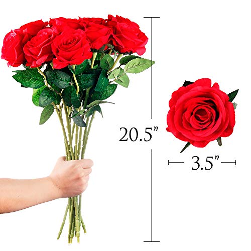 Mocoosy 12 PCS Red Rose Artificial Silk Flowers, Fake Roses with Long Stems Realistic Faux Rose Flower Bouquets for Wedding Decorations Bridal Shower Centerpieces Arrangement Party Home Table Decor