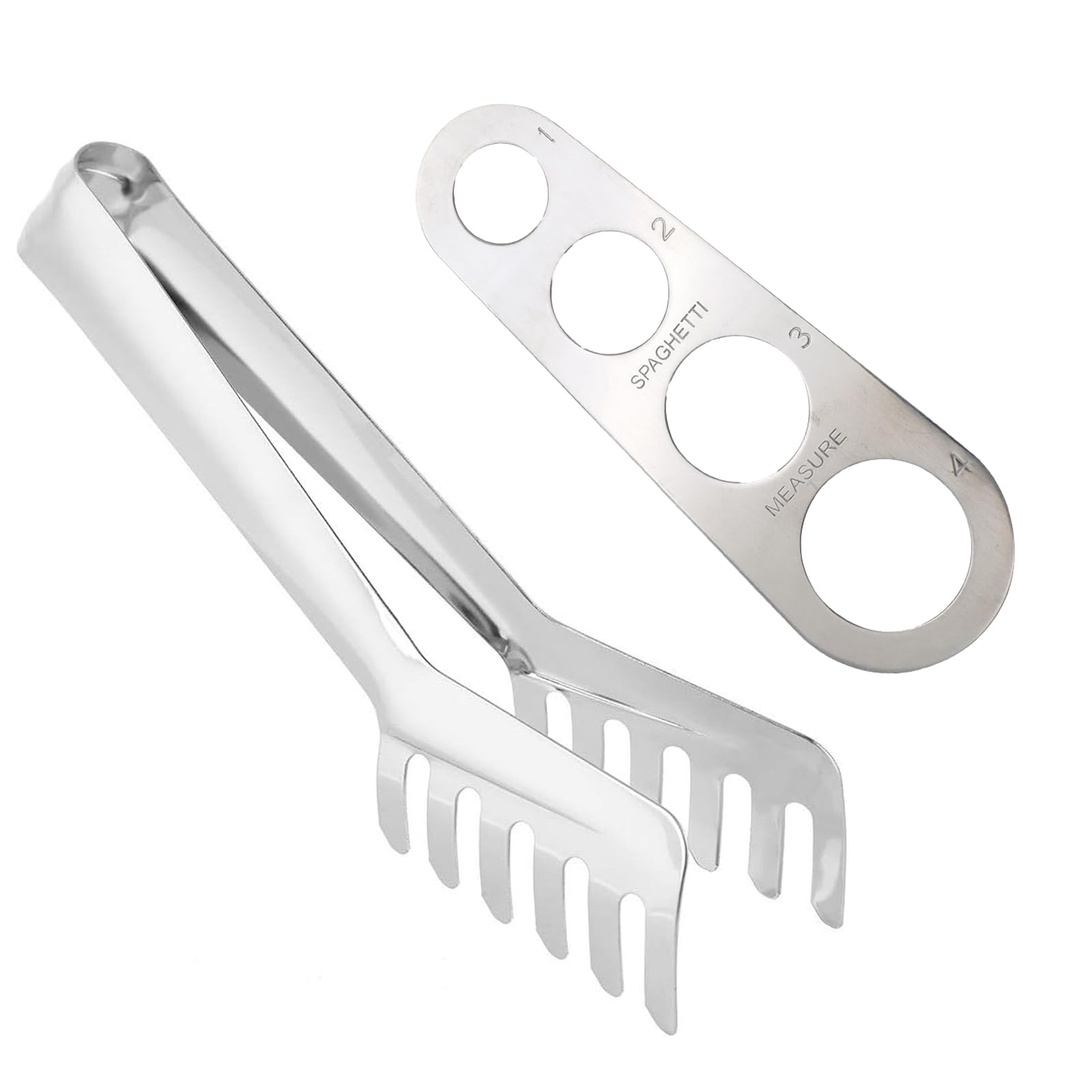 Stainless Steel Spaghetti Tongs with 4-Hole Pasta Measurer, Comb-Shaped Serving Tongs, Portion Control Tool for Kitchen Cooking, 24cm Tongs and 18cm Measurer