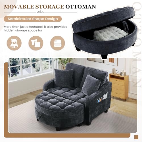 Image of Oversized Chair and A Half, Chenille Tufting Accent Cozy Reading Sofa Chair with Storage Ottoman, Upholstered Loveseat Chaise Lounge Sofa with Adjustable Back for Living Room, Office, Sunroom, Black