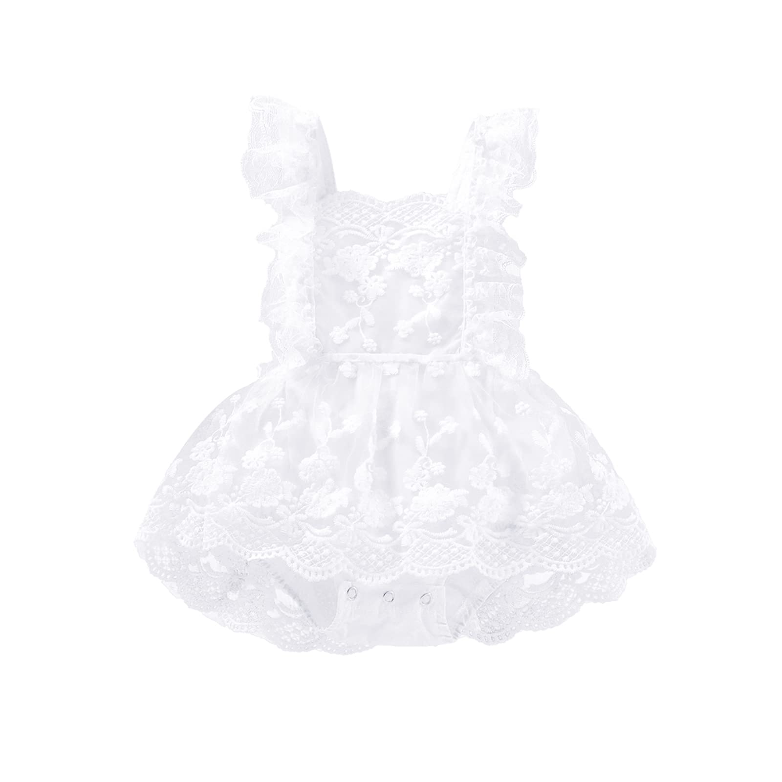 Newborn Baby Girl Sweet Flutter-Sleeve Floral Lace Romper Dress Adjustable Strap Backless One-Piece Dress Playsuit (A-White, 6-12 Months)