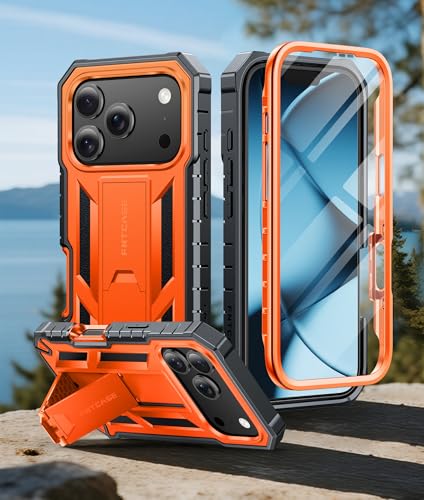 Capa protetora de tela integrada para iPhone 17 Pro Max com suporte | Capa protetora robusta à prova de choque de camada dupla de corpo inteiro | Capa híbrida antiarranhões e antiderrapante - laranja
