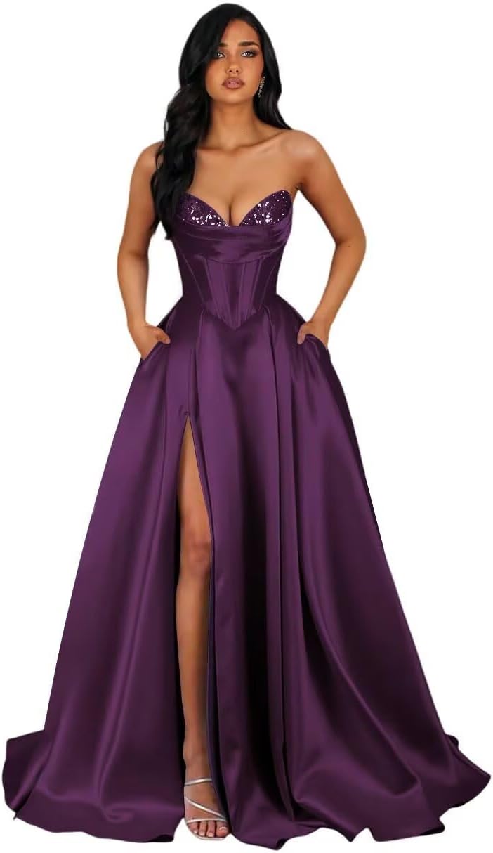 Strapless Satin Prom Dresses for Women 2026 Sequin Beaded Ball Gown Formal Dress with Slit