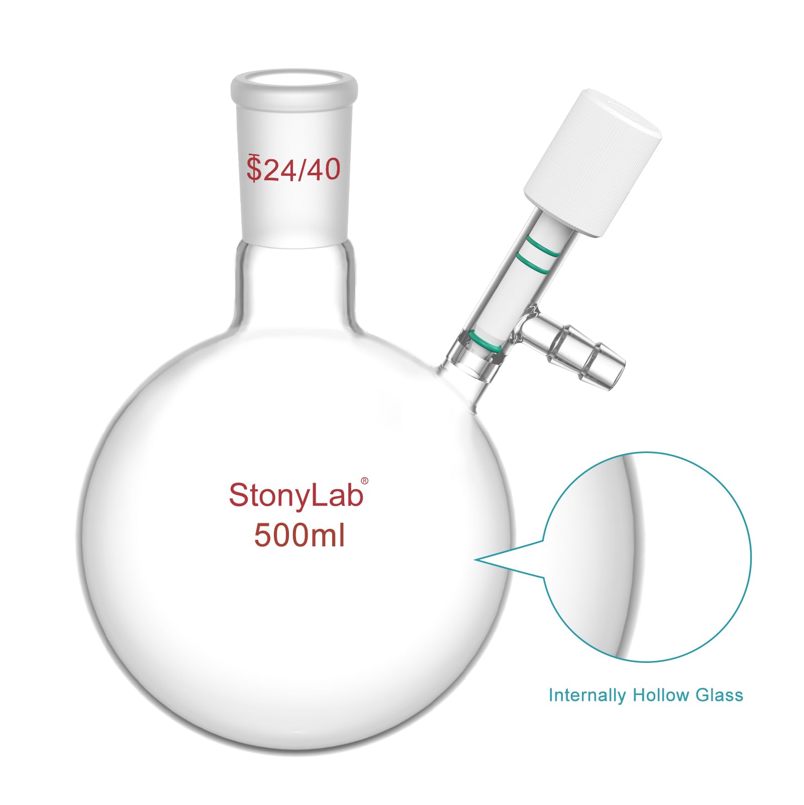 stonylab Vidrio Matraz de Schlenk, 24/40 Junta Reacción Libre de Aire Frasco de Schlenk de Fondo Redondo y Pared Gruesa, Round Bottom Schlenk Flask con Conexión para Manguera de 10 mm, 500ml