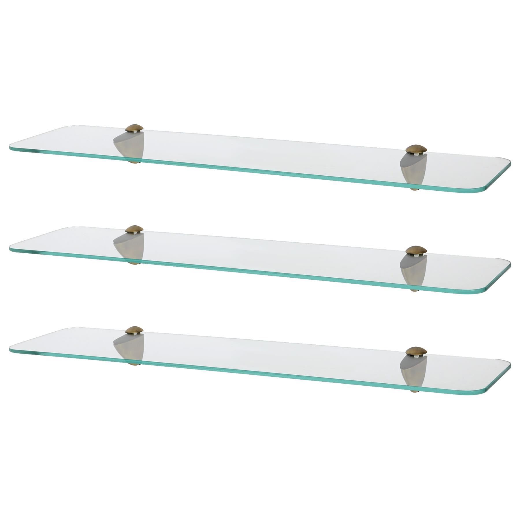 Harbour Housewares Rounded Floating Glass Bathroom Shelves - 60cm - Clear/Gold - 3x Wall-Mounted Kitchen Bedroom Shower Room Décor Caddy Towel Storage Organiser Shelving Rack with Brackets